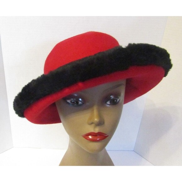 Vintage Kathy Jeanne Hat Brown 100% Wool Red Black Fur Trim Womens Made In USA - Picture 1 of 5